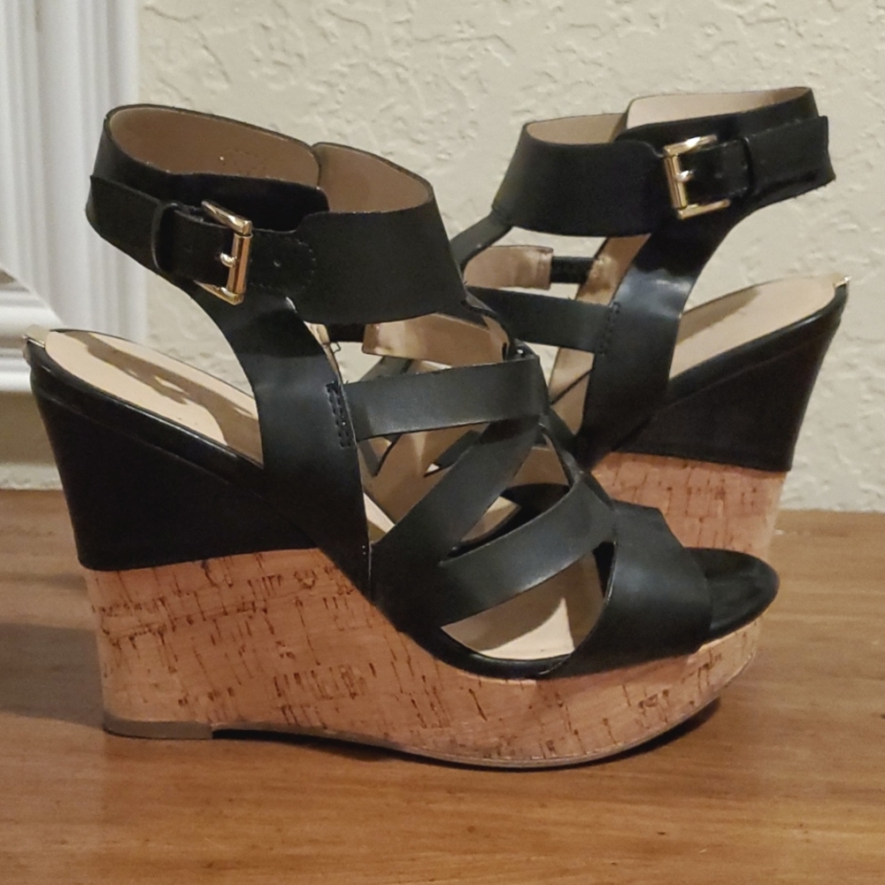 Guess Black Strappy Cork Wedges